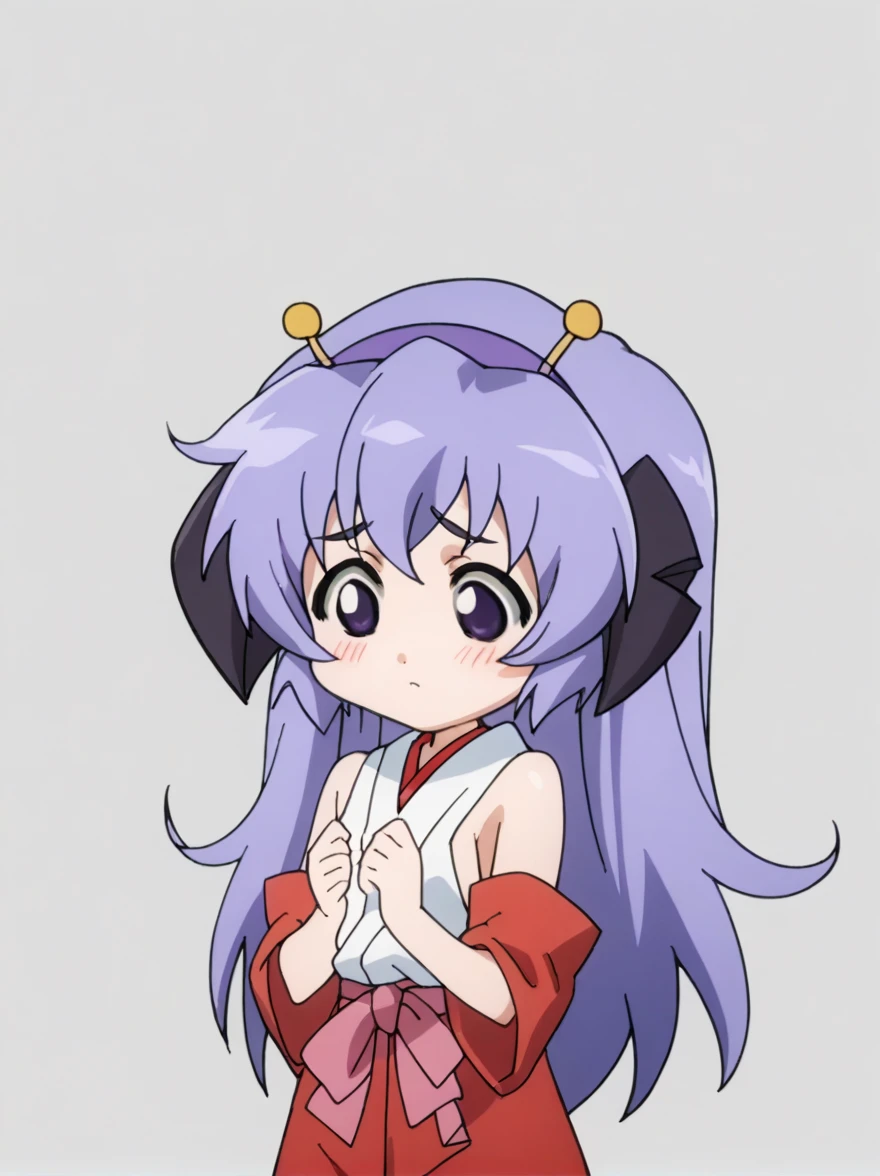 Ugly score_9, score_8_up, score_7_up, score_6_up, source_anime, anime screencap, anime coloring, 1girl, hanyuu, solo, (tween:1.2), kawaii, ((horns)), medium breasts, purple eyes, purple hair, long hair, simple background, white background, japanese clothes, miko, skirt, hakama, hakama skirt, red detached sleeves, red hakama, blush