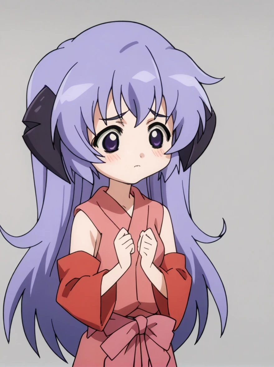 Ugly score_9, score_8_up, score_7_up, score_6_up, source_anime, anime screencap, anime coloring, 1girl, hanyuu, solo, (tween:1.2), kawaii, ((horns)), medium breasts, purple eyes, purple hair, long hair, simple background, white background, japanese clothes, miko, skirt, hakama, hakama skirt, red detached sleeves, red hakama, blush