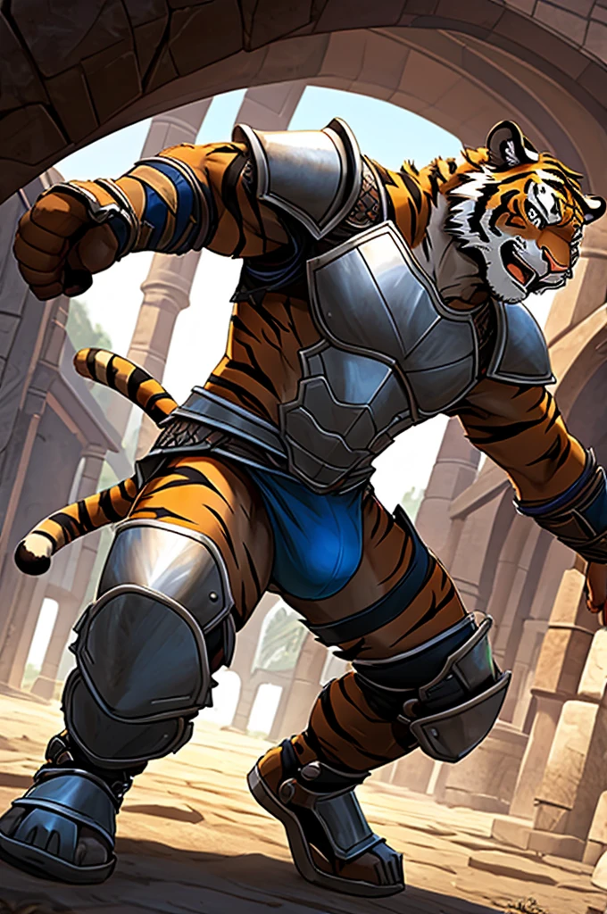 Tiger,Young Adults,Strong,handsome,warrior,Scantily clad(Scapula,Armor knee pads,Crotch bulge,exposed),expression(unyielding,Fight),Open your legs,alone,Front angle