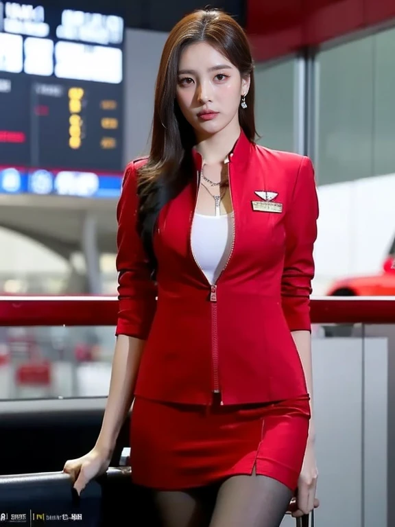 (masterpiece:1.2, highest quality:1.2), 32k HDR, High resolution, (alone, 1 girl), （Realistic style of AirAsia stewardess uniform）, neat woman, beautiful face, brown hair, (long hair down to waist), (red jacket:1.1, Unzipped jacket, unbuttoned white shirt:1.05, red mini skirt:1.1, pantyhose), perfect slim body:1.1, huge breasts, Huge breasts cleavage, detailed skin texture, fine eyes, (fascinating look:1.2), necklace、earrings、(forward leaning posture:1.5, in an airport, London , Heathrow airport,blue eyes