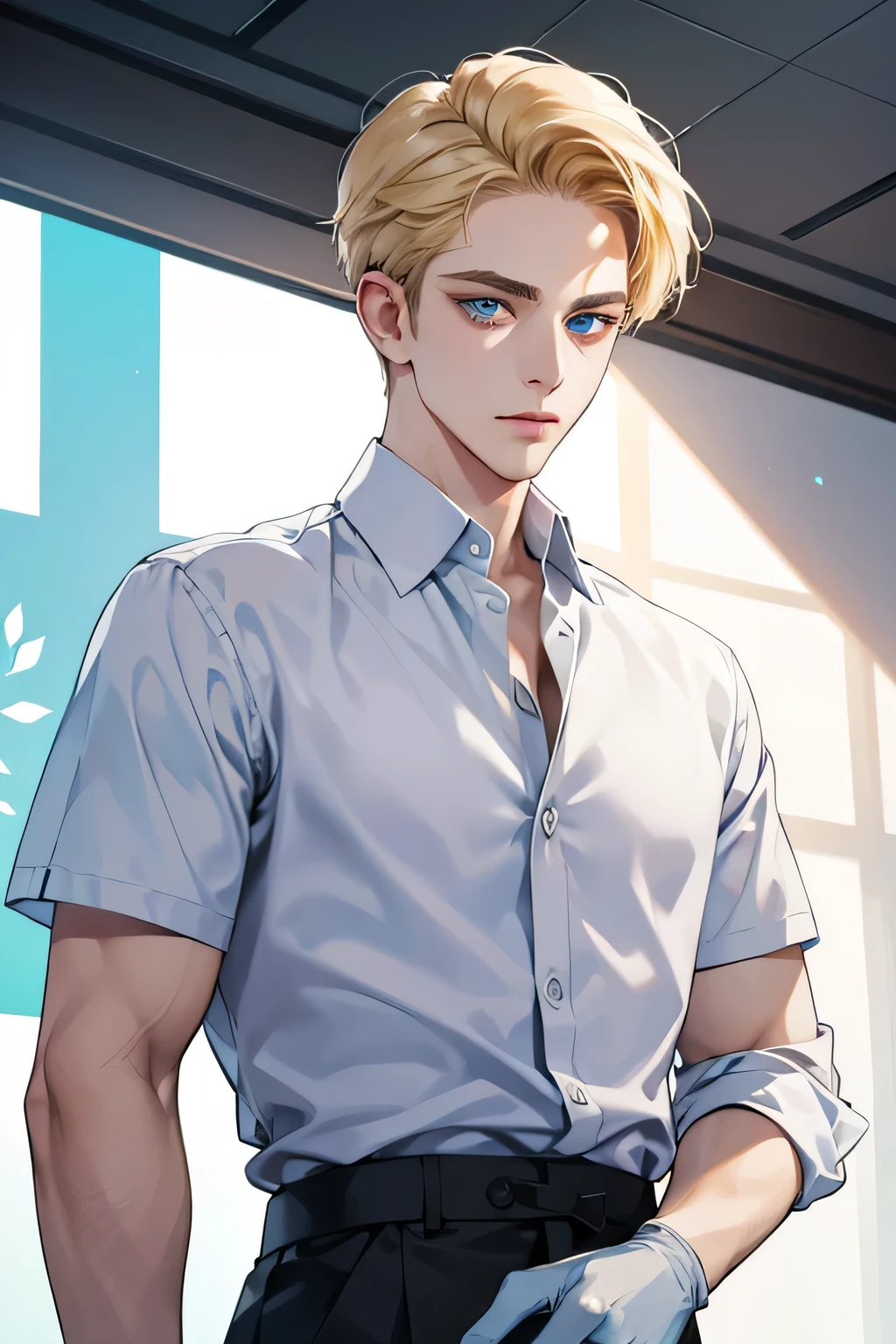 1boy, solo, looking at viewer, male focus, short hair, blonde hair, forehead, blue carolina eyes, white shirt, white blouse, black trousers, id around his neck, dutch angle, 4K, best quality, doctor vibe, masterpiece, upper body, face focus, mature, wear gloves, in hospital, (closed mouths), Perfect eyes, Equal eyes, (A male god)