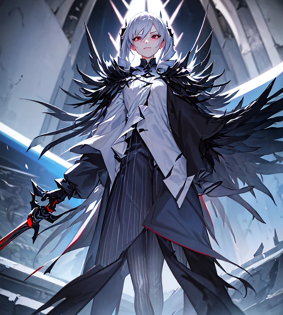 Silver hair, twin drills, abyss, large black wings, jet black sword in one hand, countless swords wrapped around his body, sharp gaze, red light in his eyes, raised corners of his mouth, blue flames, all alone, scary smile, back in front of the camera, one hand on the ground, white and blue vertical striped pants