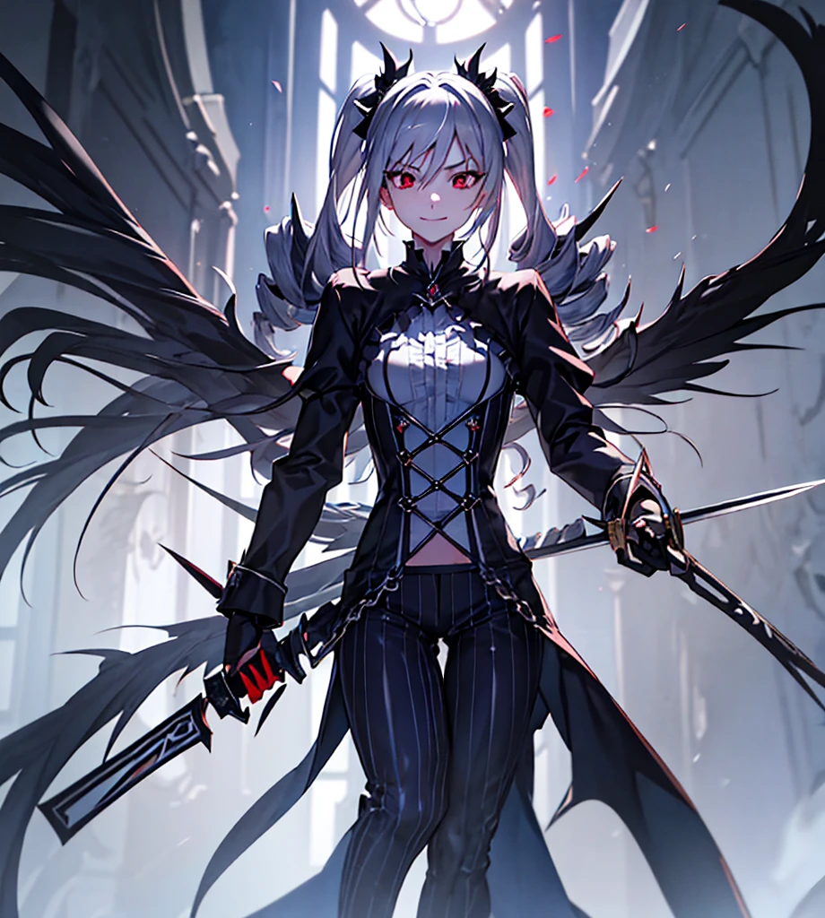 Silver hair, twin drills, abyss, large black wings, jet black sword in one hand, countless swords wrapped around his body, sharp gaze, red light in his eyes, raised corners of his mouth, blue flames, all alone, scary smile, back in front of the camera, one hand on the ground, white and blue vertical striped pants