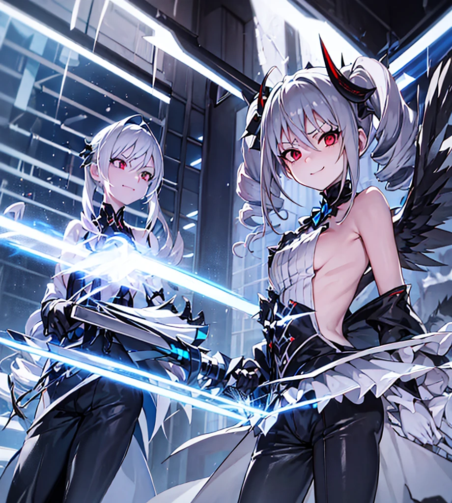 Silver hair, twin drills, abyss, large black wings, jet black sword in one hand, countless swords wrapped around his body, sharp gaze, red light in his eyes, raised corners of his mouth, blue flames, all alone, scary smile, back in front of the camera, one hand on the ground, white and blue vertical striped pants