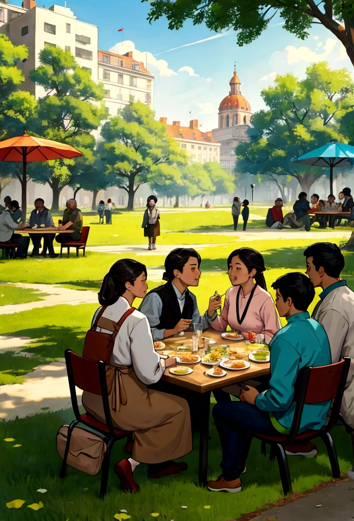 Crowd of people eating together in a park in the background