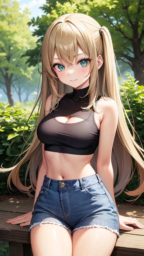 A small, young Sixteen year old girl with very dark blonde hair and emerald green eyes. She has a curiously playful smile. She has big  and round thighs. She wears tight jean shorts and a crop top. Her top reveals a lot of cleavage. She sits outdoors in a wooded park. Anime style.