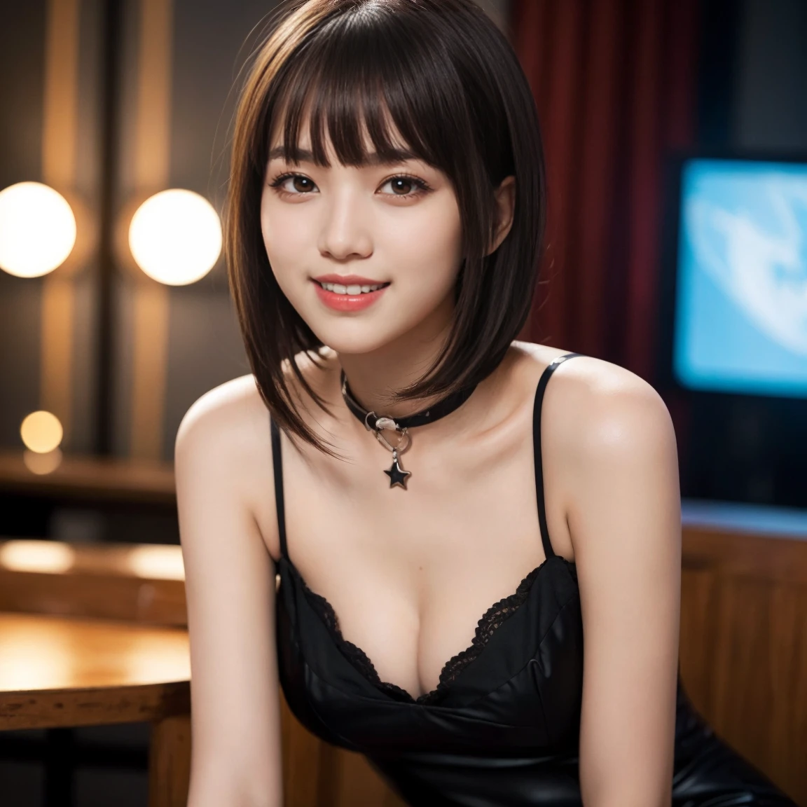 (Highest quality, masterpiece:1.3), (Actual, photo Actual:1.3), Ultra-high resolution, Ultra-high resolution, Highly detailed CG synthesis 8k wallpaper, (Actual skin, Delicate skin), (Perfect Anatomy), (Official Art, Beautiful and beautiful), (Generous smile:1.3), (Fascinating face:1.3), (Korean women:1.3), alone, Depth of written boundary, Nightclub，(Big Breasts:1.1)，(Cowboy Shot:1.5)，（What to wear when going to a club:1.3), （Curvy Hips:1.1), (collar), (Looking naturally into the camera:1.3), (Blunt bangs:1.5)