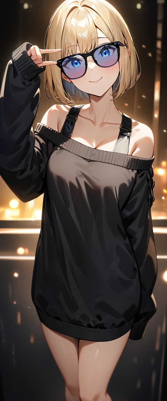 (((One girl))), (((from behind))), (((bare legs))), ((aran sweater)), peace fingers, blond hair, ((sunglasses, hand to sunglasses)), (bob cut:1.3)), breasts, cleavage, (cowboy shot), standard body, (looking at viewer), oversized clothes, puffy long sleeves, collarbone, ((off-shoulder sweater dress:1.3, Quite thick shoulder straps)), (((sleeves past wrists:1.3))), ((black sweater)), teenager, head tilt:1.3, (((blue eye))), ((happy smile)), (((anime style))), (best quality, 4k, 8k, highres, masterpiece:1.2, ultra-detailed, ultra-detailed eyes, HDR, UHD, studio lighting, ultra-fine painting, sharp focus, physically-based rendering, extreme detail description, professional, vivid colors, bokeh), ((Highest quality, Best image quality, Ultra-high resolution, Ultra-high resolution, solo, Strong eye highlights)), Depth of written boundary, Natural soft light, attractive, Beautiful Face, Cleanliness, Pure Face, nedium chest, Beautiful Face, Perfect Fingers, Perfect hands, Perfect body, Perfect Face, Shine a light into your eyes, Perfect Anatomy