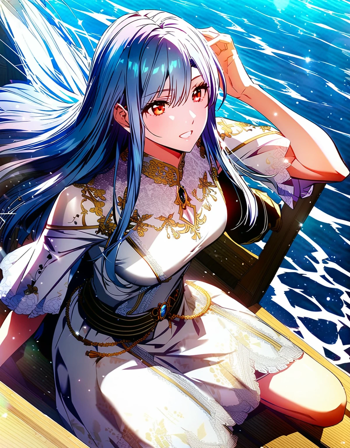 (超detailedなイラスト:1.2),Very delicate and beautiful,非常にdetailed,CG,Unity,8k wallpaper,wonderful,detailed,masterpiece,The best quality in the best condition,Official Art,非常にdetailed CG 8k Unbelievably ridiculous resolution,Beautiful and exquisite,High resolution,非常にdetailedな目と顔,Anime girl sitting on a boat in the middle of the ocean, Beautiful fantasy anime,