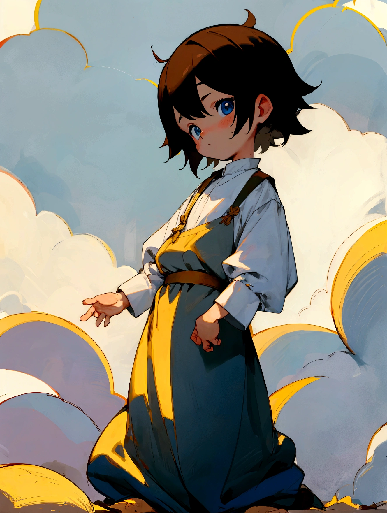 full-length, little boy, short hair, naive look, mantle, naivety, childhood