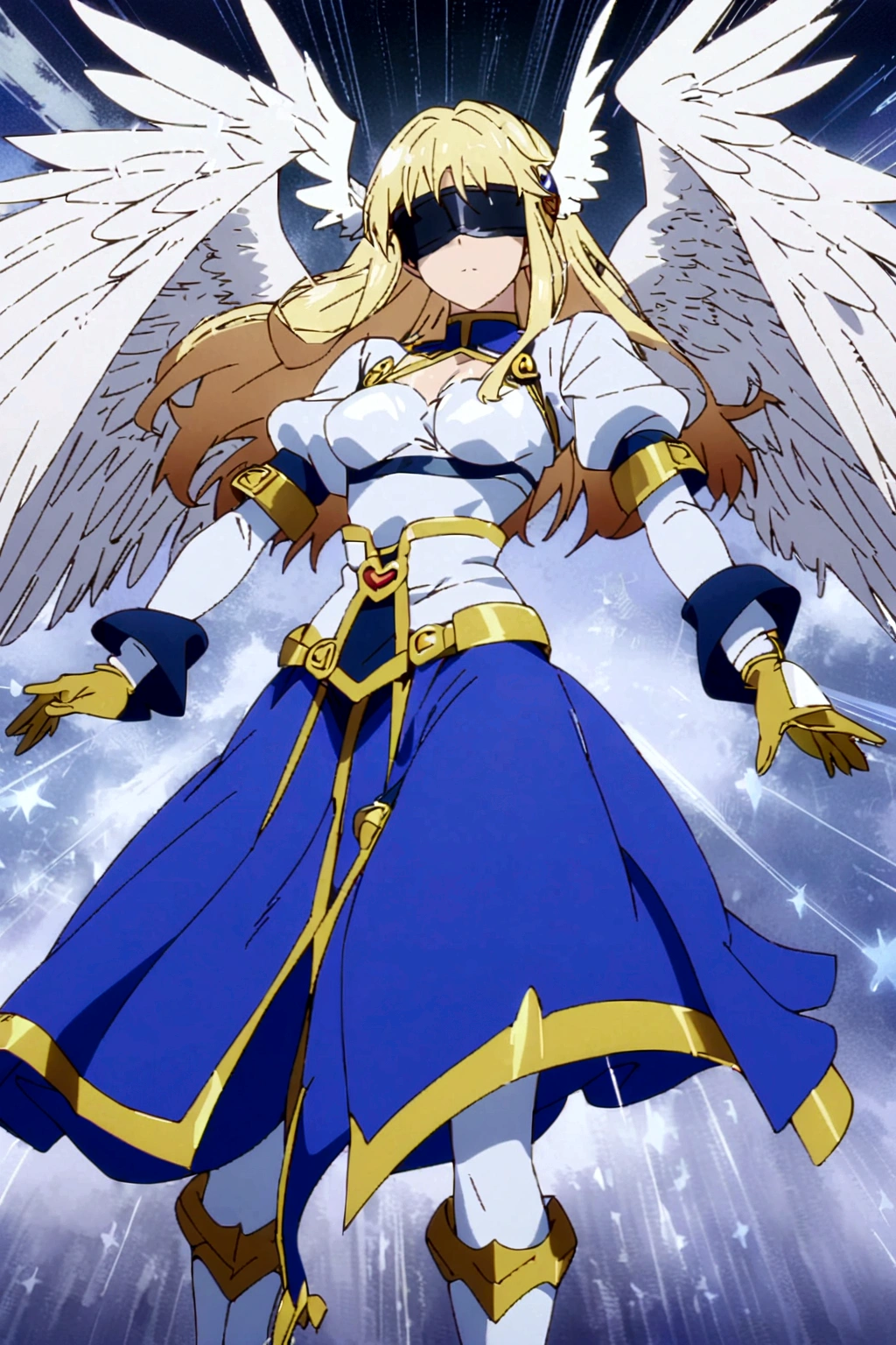Angemon de Digimon Adventure con una pose de valentia, 1man, solo, full body, blonde hair, head wings, helmet, (covered eyes:1.7), long hair, angel wings, feathered wings, wings, en el cielo de fondo, anime screencap, american cowboy shot, masterpiece, the best quality, super detailed
