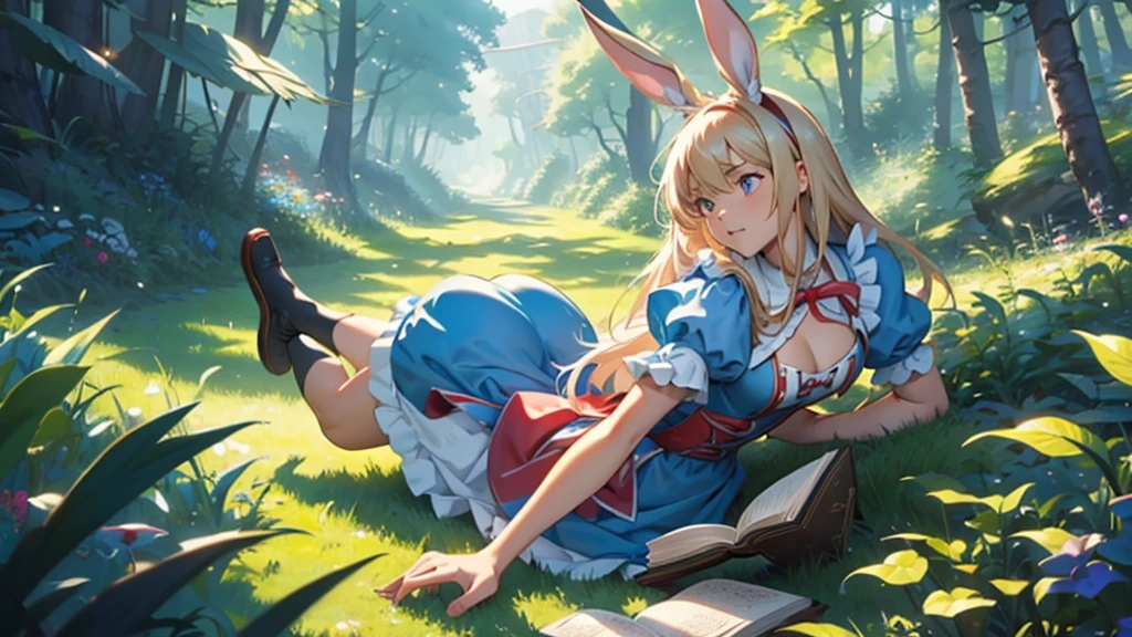 Make a cover for a YouTube video about the book Alice in Wonderland with Alice and the Rabbit