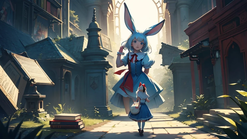 Make a cover for a YouTube video about the book Alice in Wonderland with Alice and the Rabbit