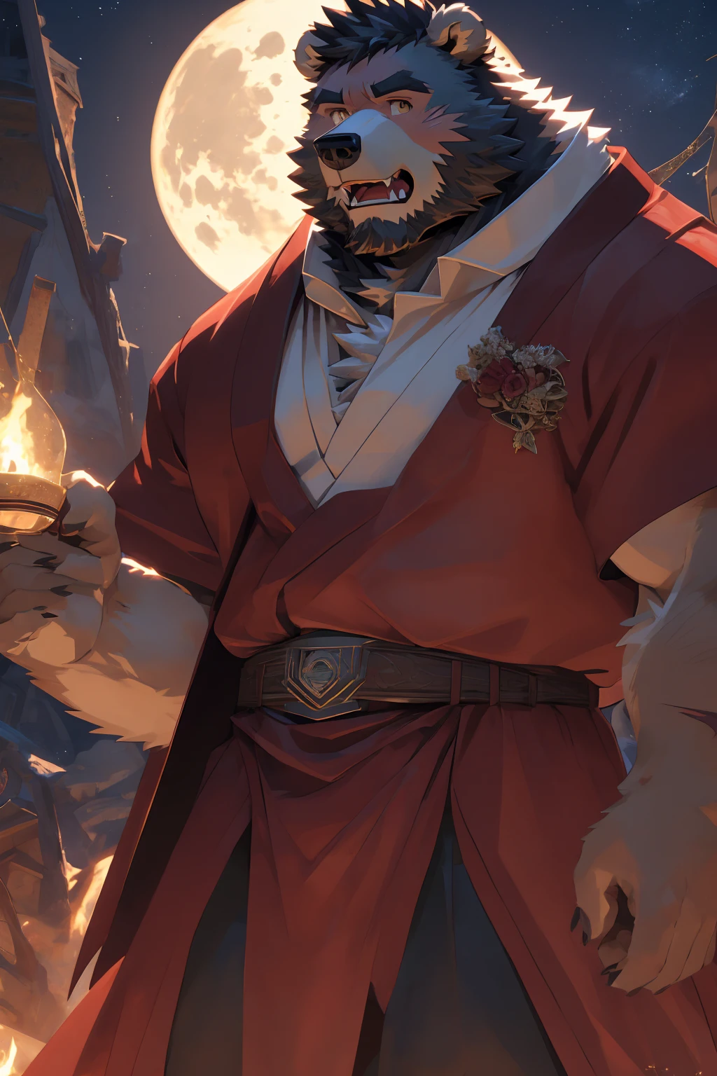 (Super detailed), Sharp focus,hairy, Gray fur, White beard,,Golden Eyes,human nature (棕Bear:1.3), male, Muscular ,(Crotch bulge),(Big Bag),Super detailed的脸,(dishevelled:1.4),(best quality), (masterpiece), High Detail, high quality,High resolution,16K,(Bear:1.3),(scar:1.1),(Fangs),(vampire:1.2),(Red robe),moonlight,Sharp teeth,(Bloody Mouth),Open your mouth