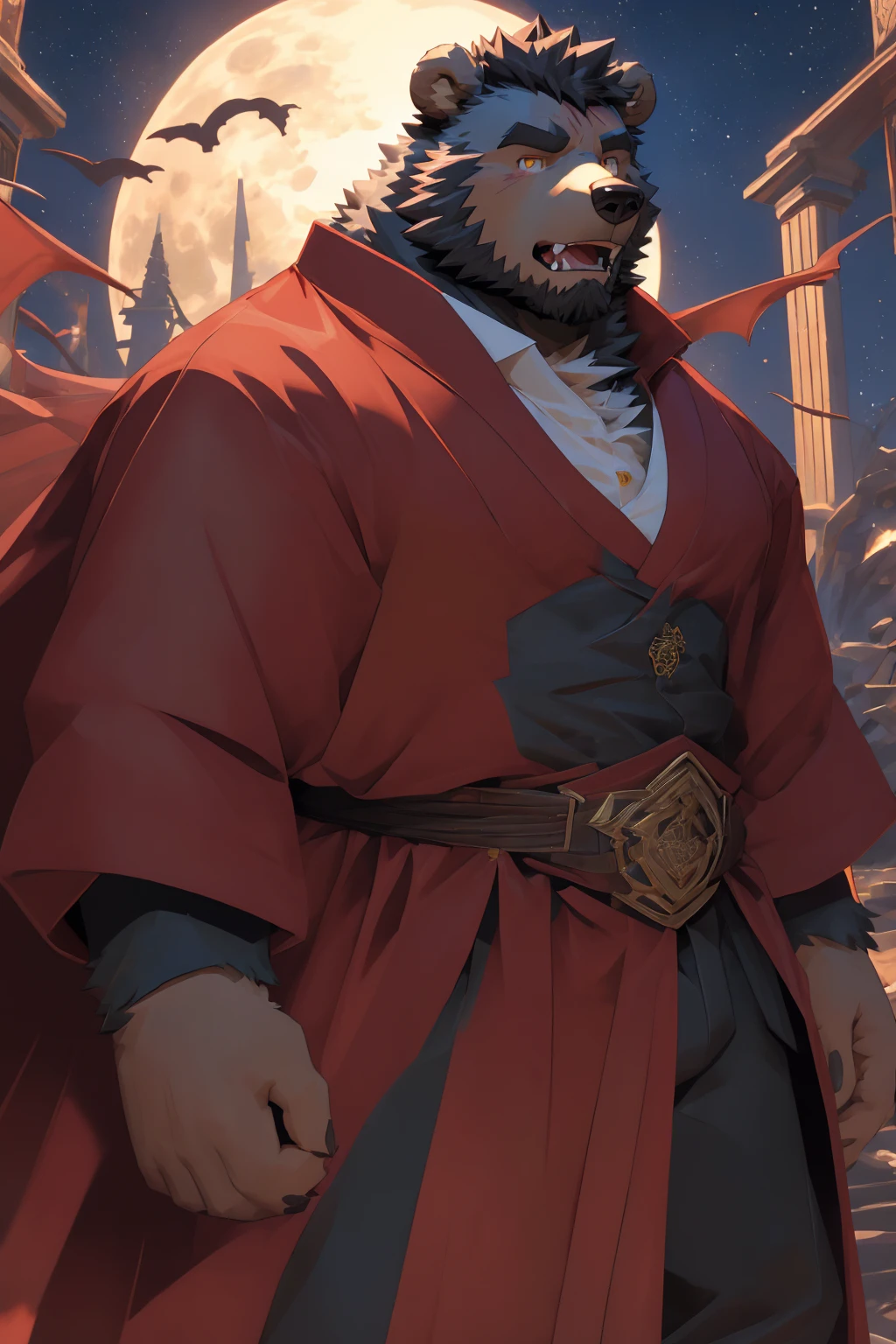 (Super detailed), Sharp focus,hairy, Gray fur, White beard,,Golden Eyes,human nature (棕Bear:1.3), male, Muscular ,(Crotch bulge),(Big Bag),Super detailed的脸,(dishevelled:1.4),(best quality), (masterpiece), High Detail, high quality,High resolution,16K,(Bear:1.3),(scar:1.1),(Fangs),(vampire:1.2),(Red robe),moonlight,Sharp teeth,(Bloody Mouth),Open your mouth