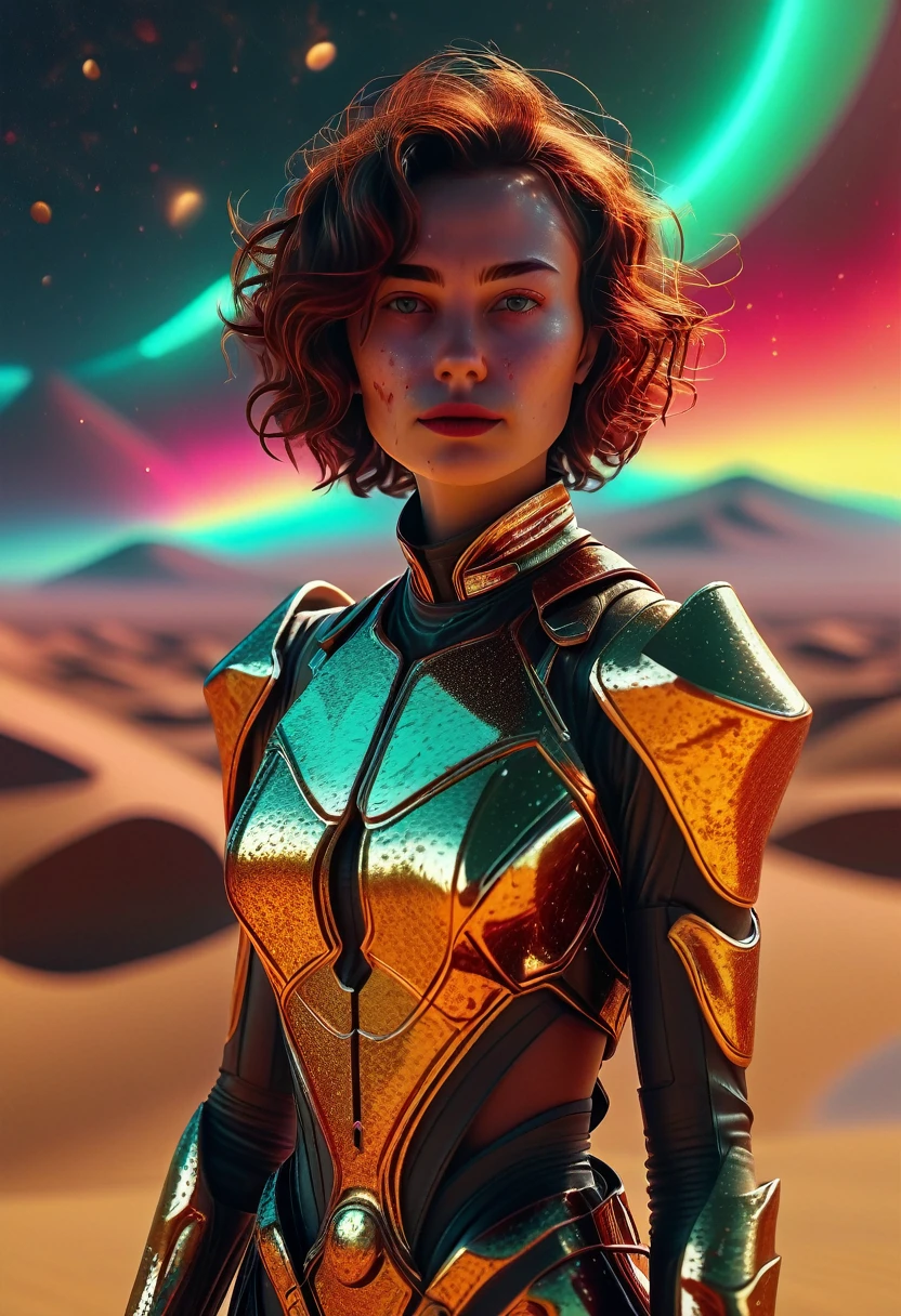 (ultra realistic), woman, 20 years old, brunette, extra curly short hair, blood moon, alien sand planet, full body, with knifes, ray tracing, masterpiece, best quality, ultra quality, absurd details, best light, best shadow, sharp, sharp image, detailed, extremely detailed, great resolution, 8k, 4k, uhd, particle effects, beautiful effects, vivid colors, neon light, neon, light, long gold sand dress, volumetric lighting, spectacular, ambient lights, light pollution, cinematic atmosphere, art nouveau style, intricate detail.