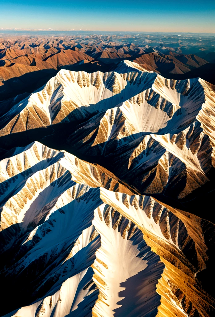 Golden light illuminating the top of the mountains aerial view