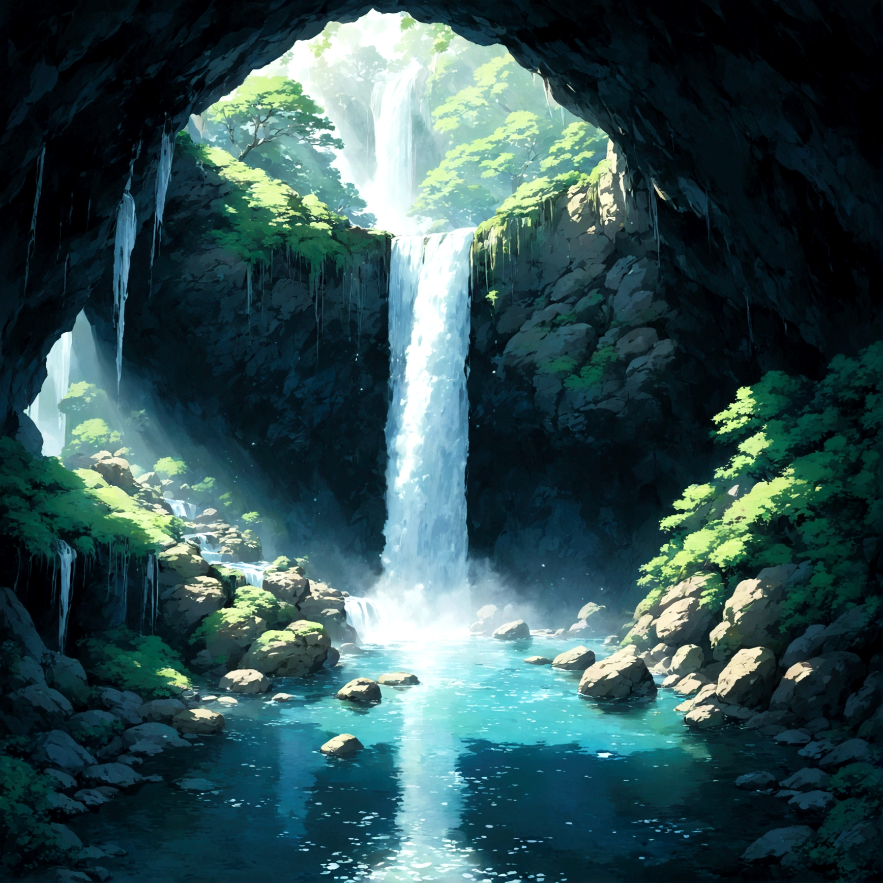 Covering the whole field of vision、巨大なwaterfallのカーテン。轟轟と轟くwaterの音だけが、Echoing all around。巨大なRock Wallに囲まれたcave内には、流れ落ちるwaterfallwaterが巨大なwaterたまりを作り、そのwater面には、不気味なPale white lightが反射している。What awaits you after carefully walking along the slippery and dangerous footing...? Beautiful game world, Fantasy, Furai no Shiren, Dungeons, waterfall, cave, water, Rock Wall, Pale white light, Tension