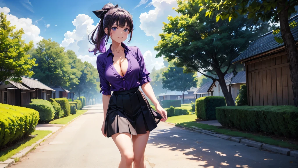 1girl, solo, full body, summer, village, trees, sun, clouds, colorful hair, ponytail, large breasts, button down, dark blue eyes, ((purple shirt)), ((unbuttoned shirt)), ((short sleeved shirt)), cleavage 1:3, black skirt, brown shoes, grin, looking at the viewer, standing, hair ribbon