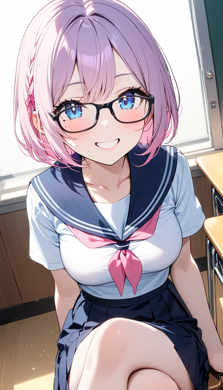 (1 girl),(Best Picture Quality, 8K, Masterpiece:1.3), (high school student:1.5), (pink lob hair:1.1), [skyblue hair:0.1], (bob cut),(swept bangs), (cute eyes, pupil black, iris skyblue, youthful face), (mole under right eye), (standard weight), (medium breasts), (glistening skin:1.1),(pale skin:1.2), ((serafuku, white sailor short sleeve simple shirt, darkblue skirt, darkblue sailor collar, pink ribbon)), (under-rim pink glasses, wayfarer glasses),((high angle)) ,(crossed legs), (classroom),(laugh with open mouth)