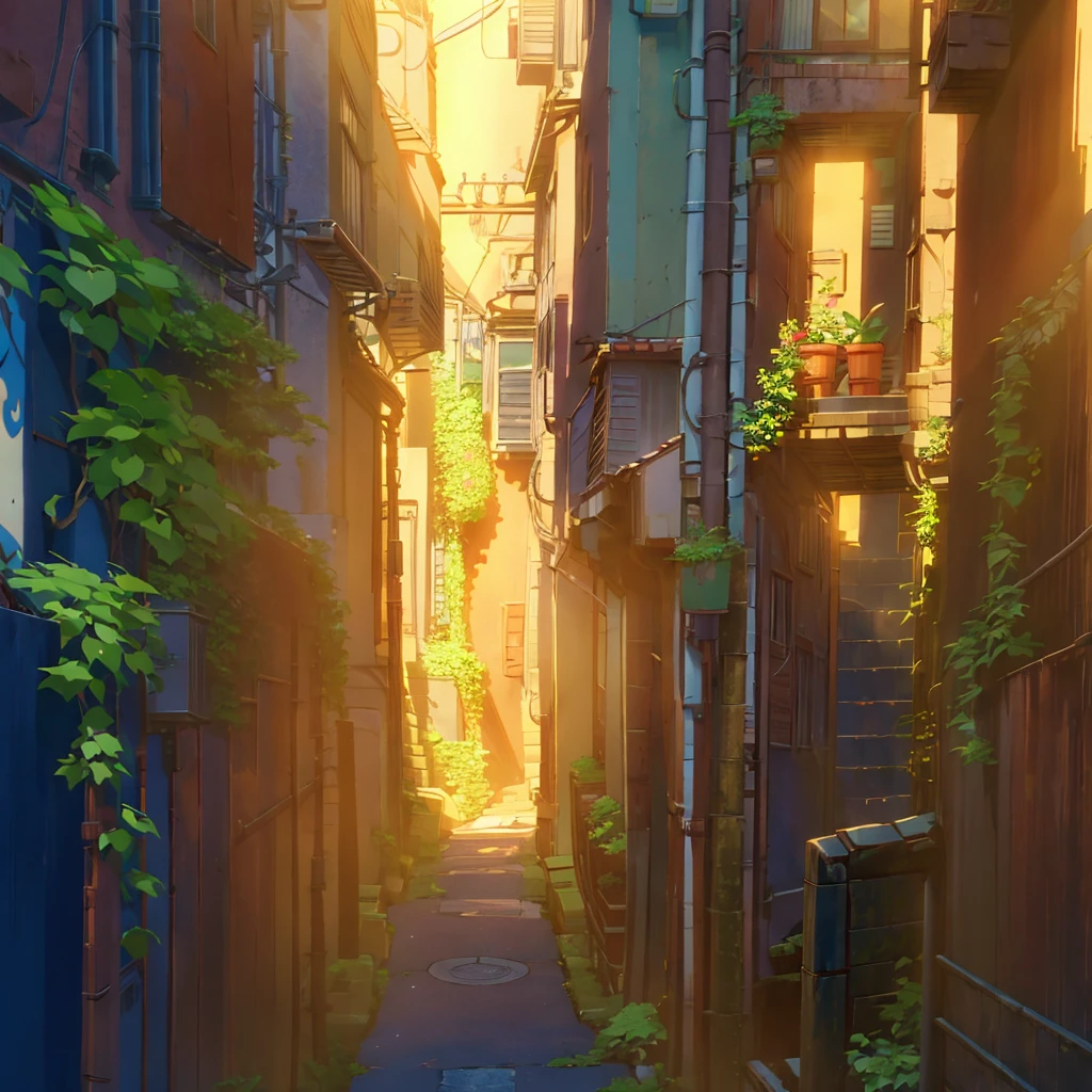 narrow alley with a lot of plants, anime background art, anime style cityscape, anime art wallpaper 8 k, anime scenery concept art, anime art wallpaper 4 k, anime art wallpaper 4k, colorful concept art, highly detailed digital painting, very detailed digital painting, japanese street, painted in anime painter studio, colorful anime movie background, alley with dead end