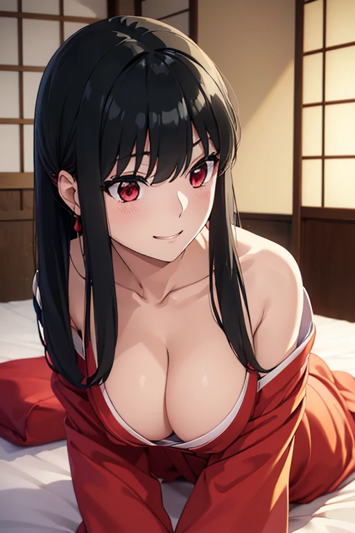 ((Highest quality、Best image quality、Ultra-high resolution、Ultra-high resolutionで描画、alone、Look closely at the camera、Bright red eyes、Very beautiful adult woman、非常に精細なBeautiful Face、very fine and beautiful eyes、Innocence、Beautiful gesture、regrettable、シンメトリーのBeautiful Face))、1 Girl、Realistic、Written boundary depth、charm、Beautiful Face、Cleanliness、Pure Face、Shiny skin、Black Hair、Light of the sun、Center of chest、Ezvian Everywhere、((Red long-sleeved kimono、Roll up your sleeves and stick your arms out、high school girl、Golden RatioのBeautiful Face、Golden Ratio、very beautiful big breasts、Beautiful and very large breasts、I opened my chest、Show to the audience、Expose your hips、Expose your shoulders、Lean forward to show your chest))、Long neck、Listen carefully、Neat long hair with bangs、Perfect Fingers、Perfect hands、Perfect body、Perfect Face、Shine a light into your eyes、Perfect Anatomy、Tall Supermodels、Long-legged supermodel、Long neck、Broad shoulders、Bust seen from below、Smile at the audience、smile、Beautiful Teeth、Open your chest wide、Beautiful neckline、Very beautiful and sexy woman in revealing clothes、Keep an eye on your audience、Shadow Fade、Tilt your head、Off the shoulder、Cleavage、Black Hair、Underwear is visible、White yukata、敷futon、Japanese-style room、Yukata at a Ryokan、Atmosphere before going to sleep at night、On all fours、futon、Bedroom、Pajamas、Bending、lean forward and show your chest、Hip line、Covered on top、Sticking out her butt、Tuck your hair behind your ears