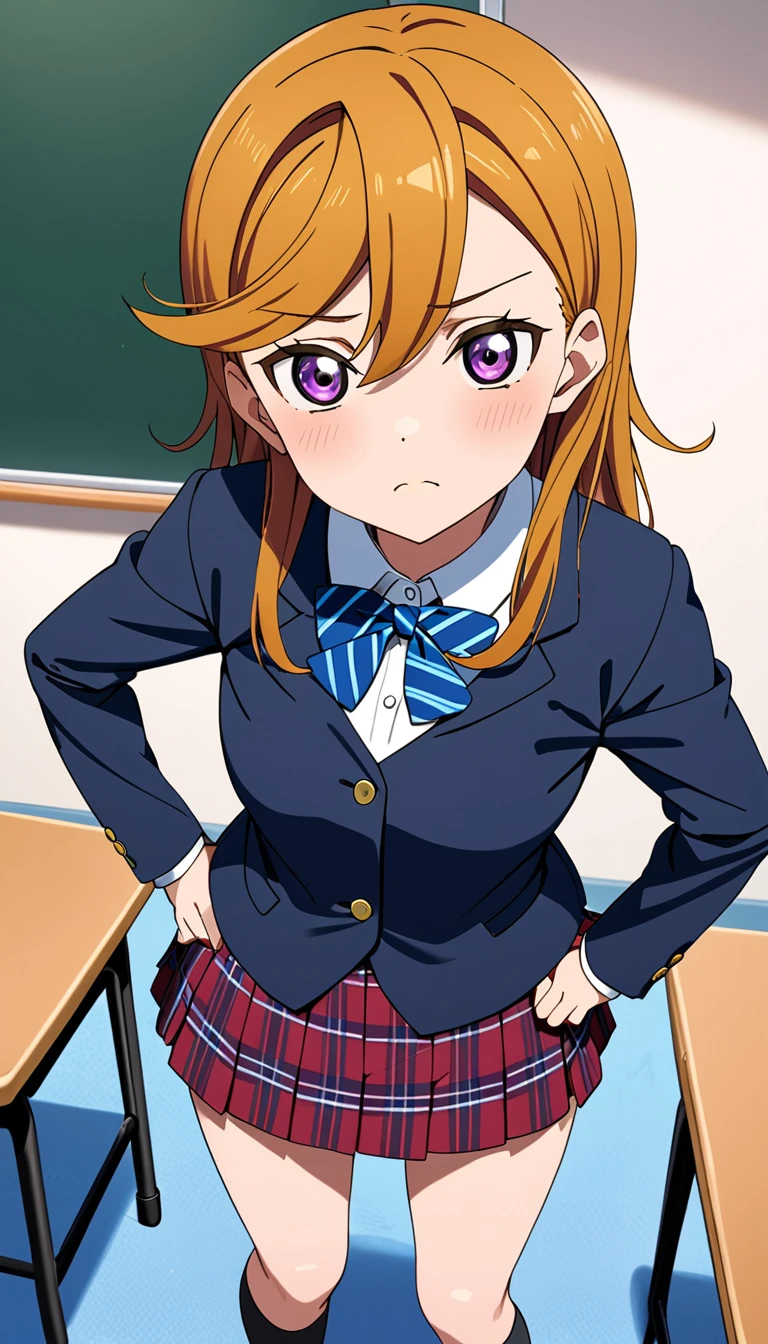1girl, solo, Shibuya Kanon, love live! superstar!, ,aakanon,purple eyes,long hair,bangs,hair between eyes, otonokizaka winter uniform, navy blue jacket,blue bow tie, closed mouth, looking at viewer, pleated skirt, serious face, striped bow, blue striped skirt, blush, plaid skirt, blue striped bowtie, socks, loafers,standing,put hands on hip,from front,background in classroom ,BREAK score_9, score_8_up, score_7_up, score_6_up, source_anime