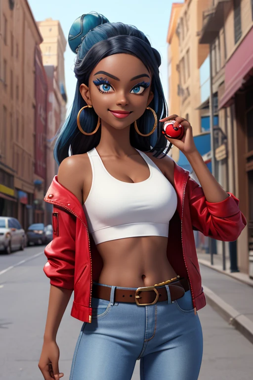 masterpiece, best quality, (Detailed face:1.2), (Detailed eyes:1.2), solo, 1girl, nessacasual, dark skin, makeup, smile, looking at viewer, standing, opened red jacket, white tank-top, ((midriff)), medium breasts, cleavage, tight blue denim pants, belt, hoop earrings, looking at viewer, standing, holding a poke ball, outdoors, city street
