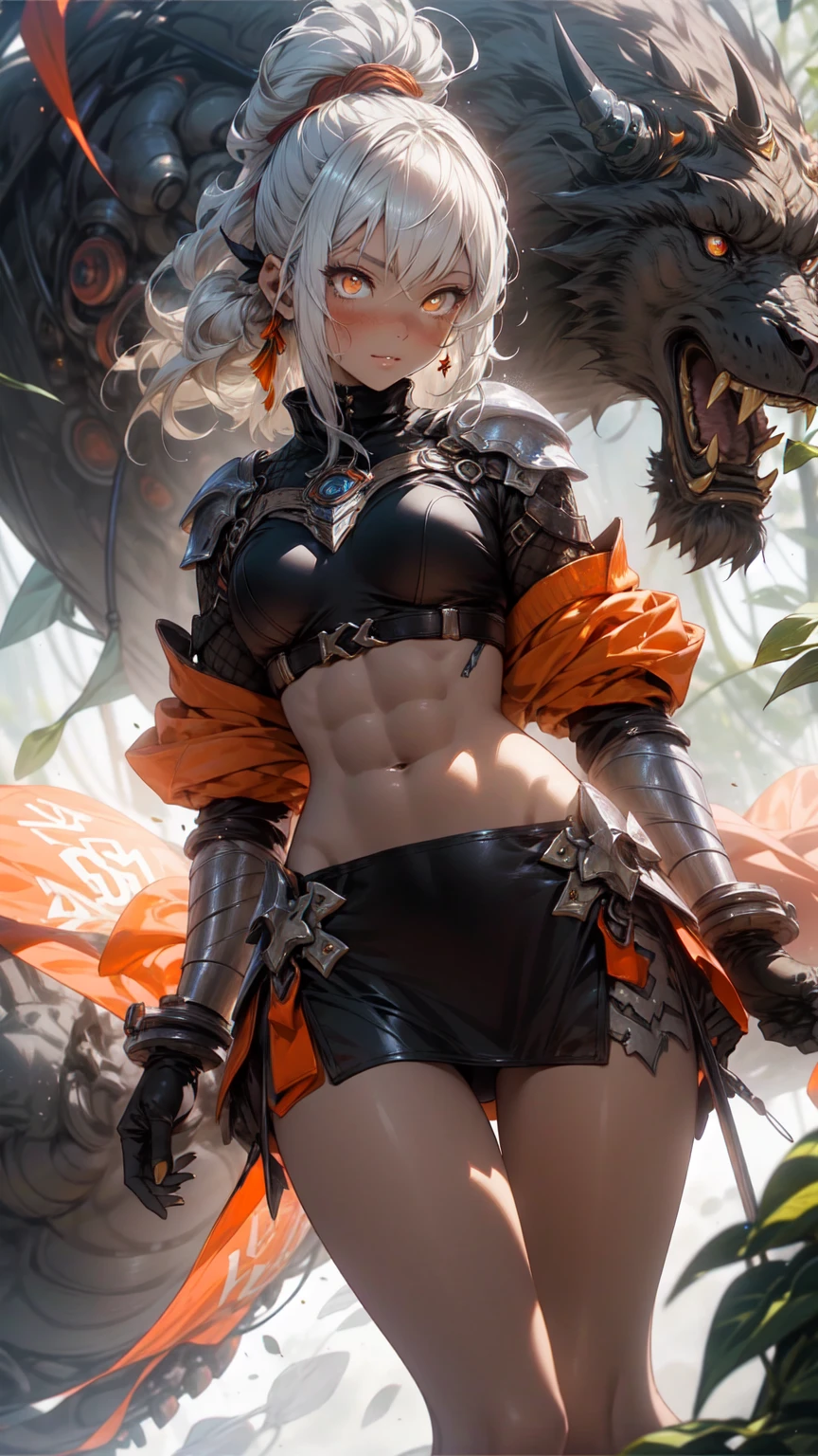 Be realistic,(masterpiece,Highest quality,Highest quality,Very detailed,Fractal Art,Most detailed,(Abstract background:1.5)(1 Girl),Kamimei,(Orange ponytail),(orange eyes light、Big Breasts、Toned Abs,Stunned)、crystallization,Black Bikini、High leg、Sexy、Orange Machine Armor、Sunburned skin、Demon Horn、Berserk、mini skirt、There is a wound