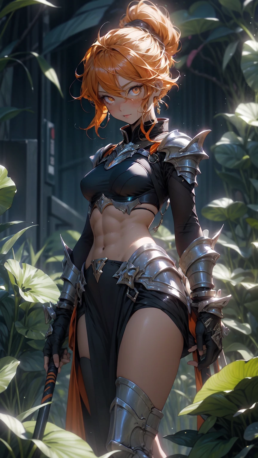 beautiful woman with short white hair, orange inferno eyes, wolf ears and a braided ponytail. She is wearing a revealing, sexy, fantasy knight armor with legplates. Her body is muscular and she is incredibly sexy. Her eyes are orange. She has strong, muscular arms and thick thighs. Wide hips.