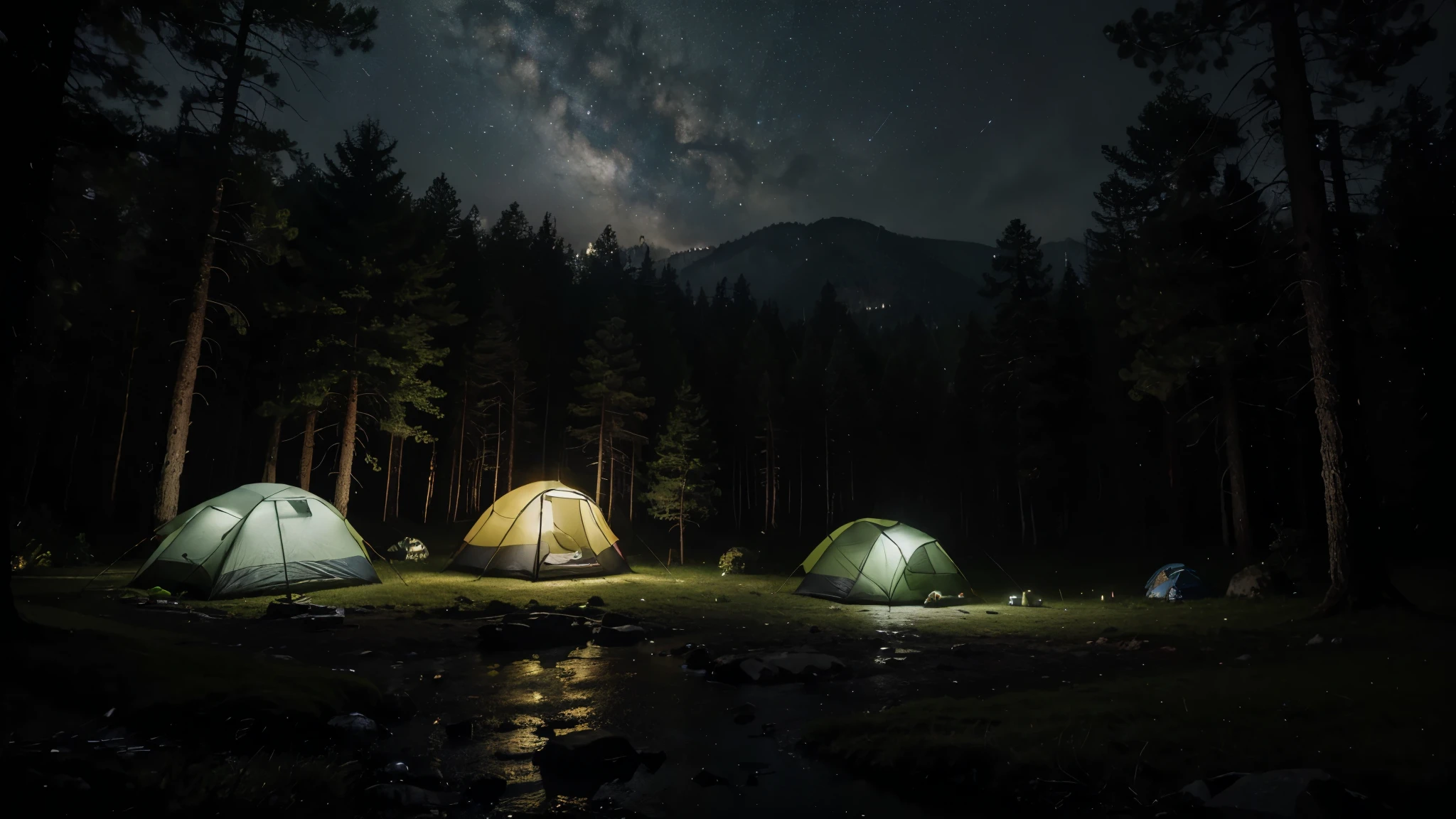 (masterpiece, 8K, UHD, photo-realistic:1.3), camping ground during heavy rain at night, there are several camping tents, in the middle of a dense pine forest during heavy rain at night, the atmosphere is dark during heavy rain at night