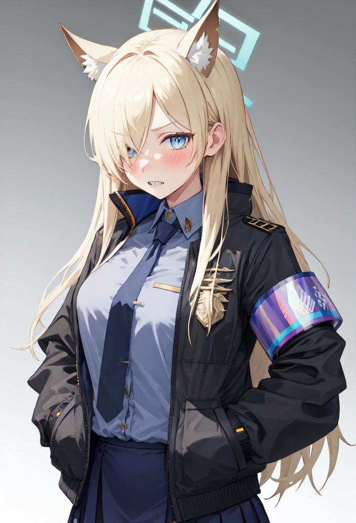 best quality, masterpiece, highres, solo, (kanna_bluearchive:1.10), 1girl, black jacket, blue shirt, collared shirt, looking at viewer, open jacket, armband, black gloves, simple background, white background, long sleeves, blush, skirt, sharp teeth, tie clip, black necktie, blue necktie, 4 