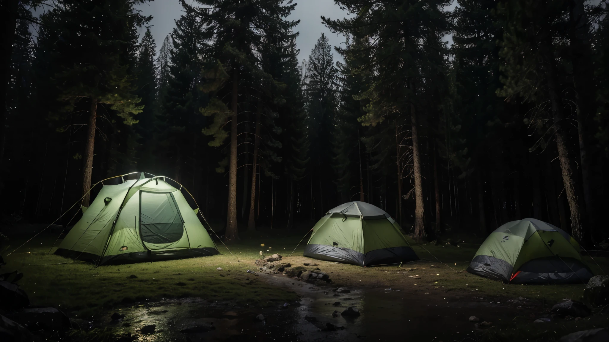 (masterpiece, 8K, UHD, photo-realistic:1.3), camping ground during heavy rain at night, there are several camping tents, in the middle of a dense pine forest during heavy rain at night, the atmosphere is dark during heavy rain at night