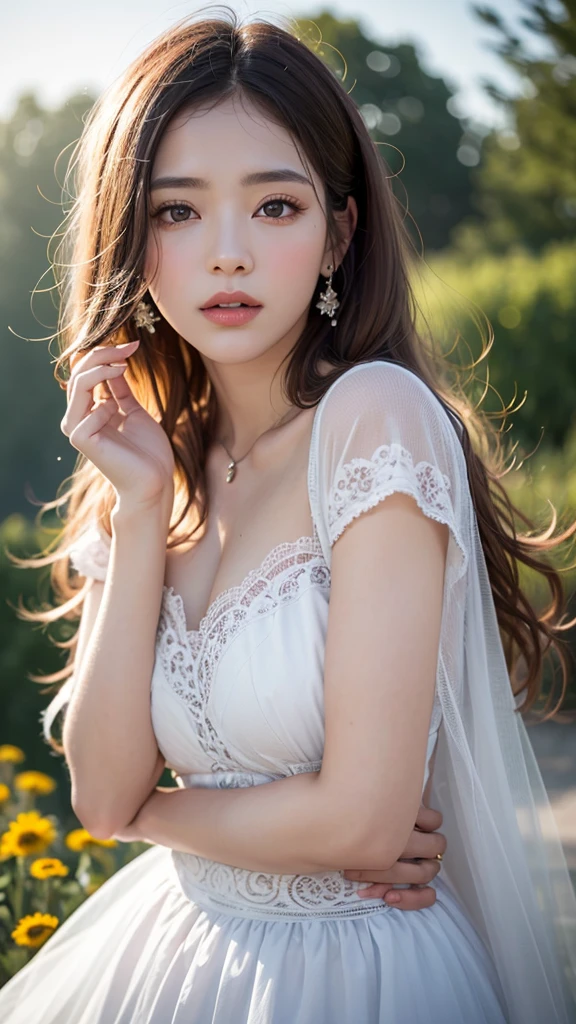 最high quality, masterpiece, High resolution, One girl, transparent lace china dress, Cotton robes, hair ornaments, smile, Mouth closed,lips, dress,hair ornaments, necklace, jewelry, Chinese clothing, Long Hair, Earrings, Beautiful eyes in every detail,Fine eyelashes, Beautiful Face,On top of that_body, Tyndall effect,Realistic, Rim Light, Two-tone lighting,(Skin with attention to detail:1.2), 8K Ultra HD, Digital SLR, Soft lighting, high quality, Volumetric lighting, Frank, photograph, High resolution, 4K, 8K, Bokeh, in the garden, it's snowing, winter, (Huge breasts:1.25)