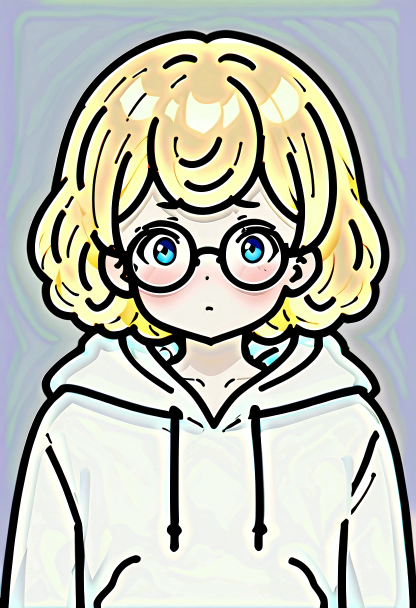 1boy, blond hair, round glasses, wearing grey ghost costume hoody, tired eyes, blue eyes, dark room, short curly hair, absurdres, high res, ultrasharp, 8K, masterpiece, looking at viewer