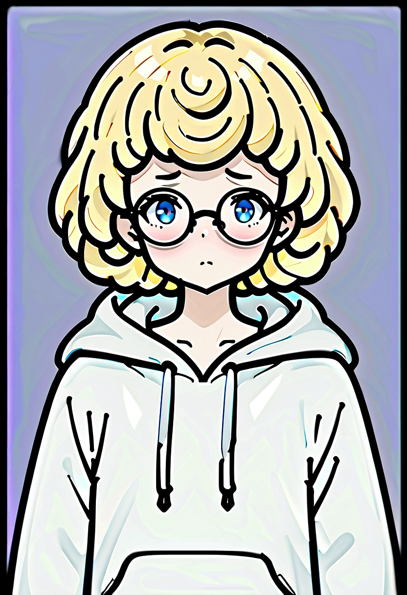 1boy, blond hair, round glasses, wearing grey ghost costume hoody, tired eyes, blue eyes, dark room, short curly hair, absurdres, high res, ultrasharp, 8K, masterpiece, looking at viewer