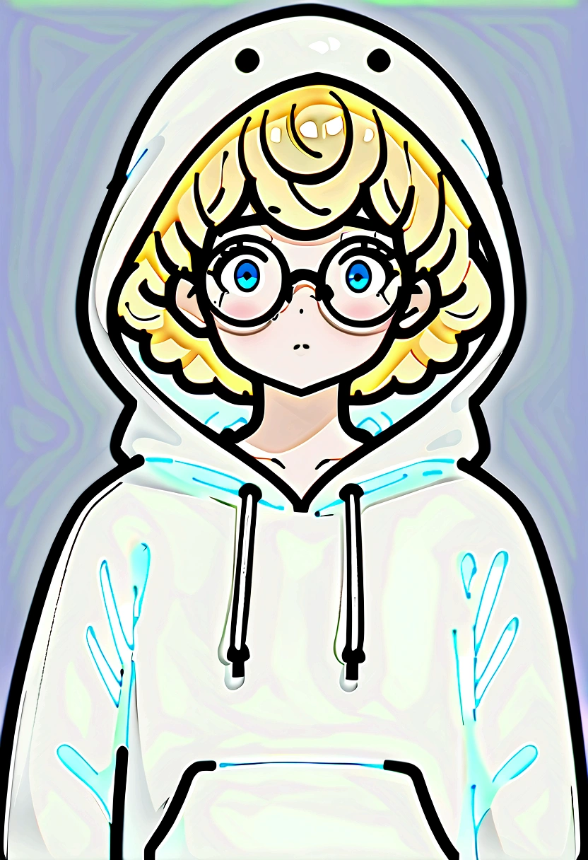 1boy, blond hair, round glasses, wearing grey ghost costume hoody, tired eyes, blue eyes, dark room, short curly hair, absurdres, high res, ultrasharp, 8K, masterpiece, looking at viewer