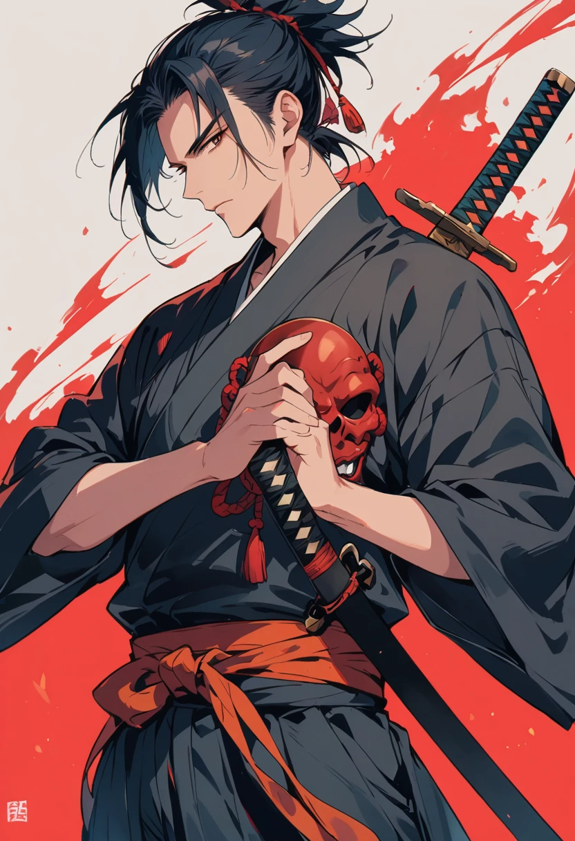 male samurai,wears a Tengu mask, Sword in both hands