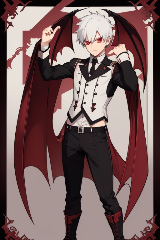 Shoto Todoroki character sheet from My Hero Academia, Vampire, incubus, red eyes and white hair, bat wings, black clothes, black steampunk pants, red shirt, black vest, pale skin. Looking directly at the viewer
