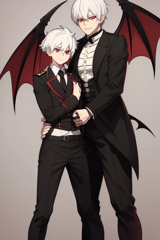 Shoto Todoroki character sheet from My Hero Academia, Vampire, incubus, red eyes and white hair, bat wings, black clothes, black steampunk pants, red shirt, black vest, pale skin. Looking directly at the viewer