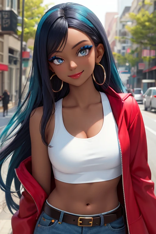 masterpiece, best quality, (Detailed face:1.2), (Detailed eyes:1.2), solo, 1girl, nessacasual, dark skin, makeup, smile, looking at viewer, standing, opened red jacket, white tank-top, ((midriff)), medium breasts, cleavage, tight blue denim pants, belt, hoop earrings, looking at viewer, standing, holding a poke ball, outdoors, city street
