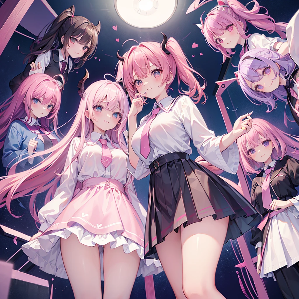 Details、Ultra-detail、​masterpiece、top-quality、Beautiful fece、A detailed eye、 、(focus panties), (I look up at the five girls from the ground.)、(Five girls are standing in a circle around me, looking down at me.:1.5)、circle、(seductive grin), (((5 giant girls)))、((angle from below)), 5 young face, (thighs), 5panties, (angle from under 5 girls),,mesugaki,5 succubuses,(Pink ribbon:1.1)、(Two-side-up)、Pink tie、pink  bra、Shady face、Light pink hair、malicious smile、Bruises and ugly facial features、Young features、(Lori:1.2)、long-sleeve、puffy sleeves fluffy hair、Elementarature、Chiquita、Colossal tits、(Put your hand on your face)、Buriko、Ruffled uniforms、hair clips、(Ridicule:1.1)、looking-down、Looking from below、Being looked down upon by girls、(Looking from below:1.2)、ultra gigantic tits、Pink heart symbol、Mass of heart、(Heart Effect:1.1)、(heart mark:1.1)、demon tail、Devil's Tail、Succubus、(ultra gigantic tits:1.3)