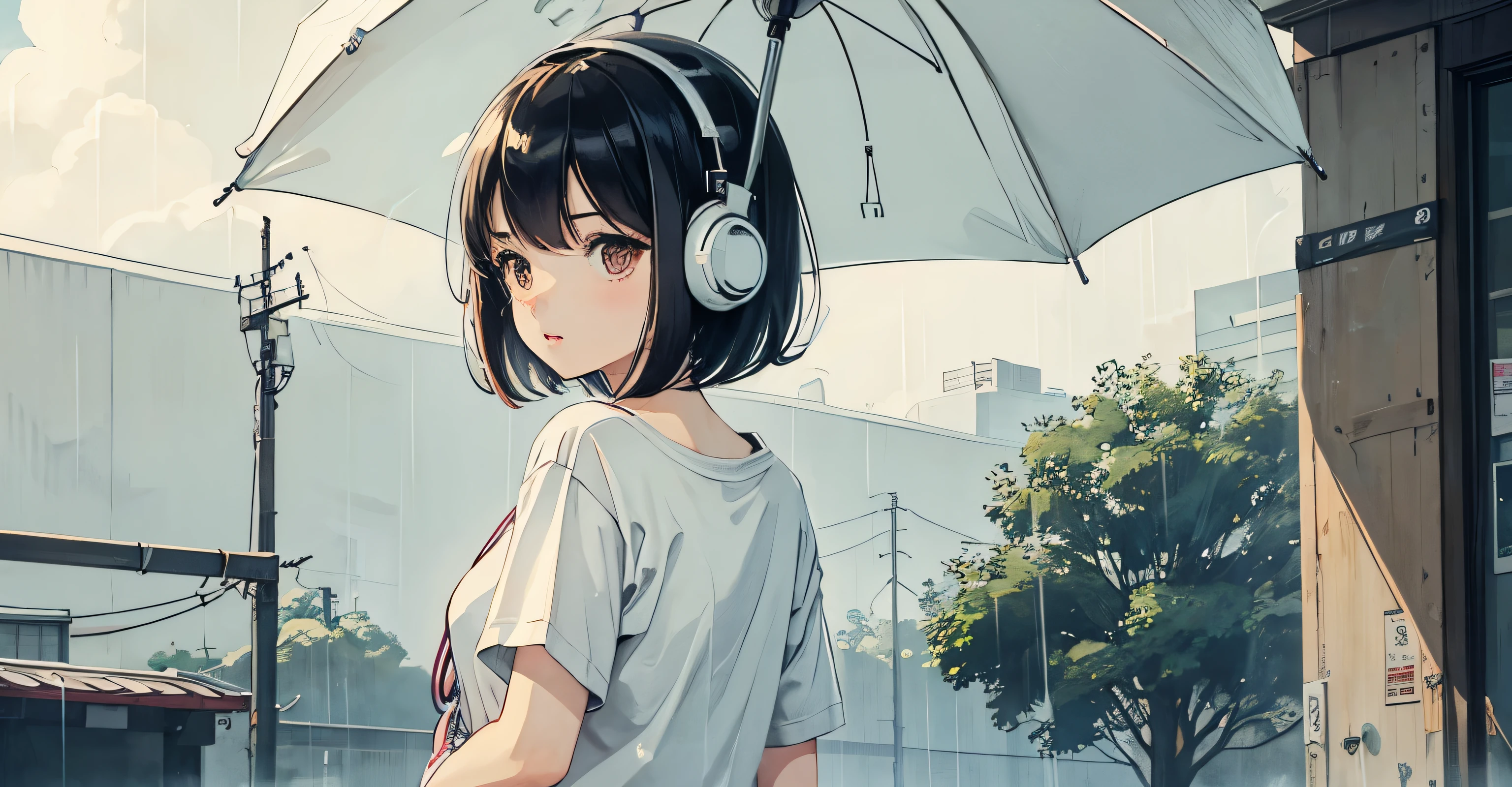 Wearing headphones、Bob Girl,rain,T-Shirts,Retro,whole body