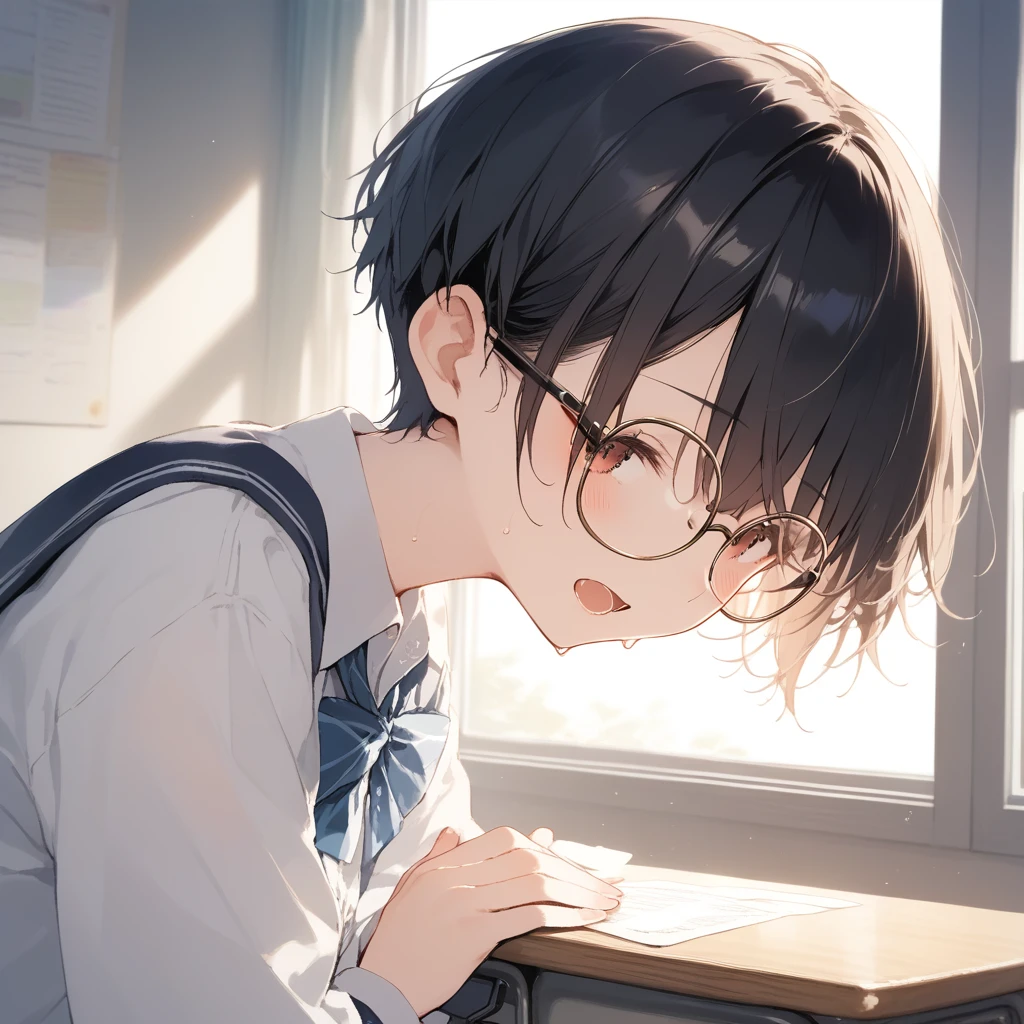 score_9, score_8_up, score_7_up, source_anime, best quality, masterpiece, official art, absurdres, highres, ultra-detailed,waifu2x,Collection: Slice of Life,break,1girl, very short hair,pixie cut, long bangs, glasses, small breasts, sweat, open mouth, (wavy mouth:0.3), indoors, school classroom, summer, break,(clear line illustration:1.2),very high resolution, very aesthetic, super detailed skin, Best sexual lighting powered by famous artist, 8k,cute picture,beauty illustration,photoshop_(medium),,(Detailed Lighting),best anime 8k konachan wallpaper, pixiv contest winner,