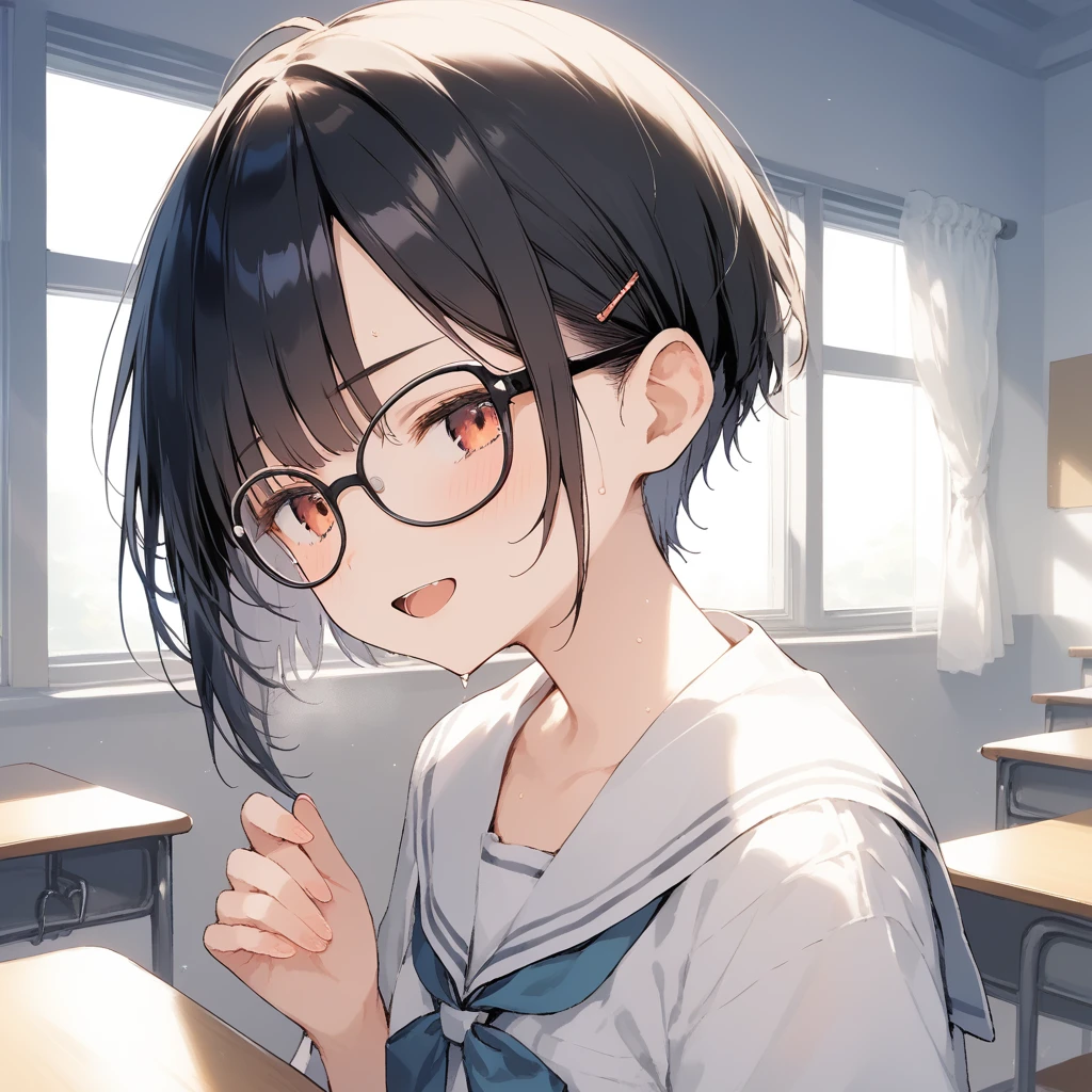 score_9, score_8_up, score_7_up, source_anime, best quality, masterpiece, official art, absurdres, highres, ultra-detailed,waifu2x,Collection: Slice of Life,break,1girl, very short hair,pixie cut, long bangs, glasses, small breasts, sweat, open mouth, (wavy mouth:0.3), indoors, school classroom, summer, break,(clear line illustration:1.2),very high resolution, very aesthetic, super detailed skin, Best sexual lighting powered by famous artist, 8k,cute picture,beauty illustration,photoshop_(medium),,(Detailed Lighting),best anime 8k konachan wallpaper, pixiv contest winner,