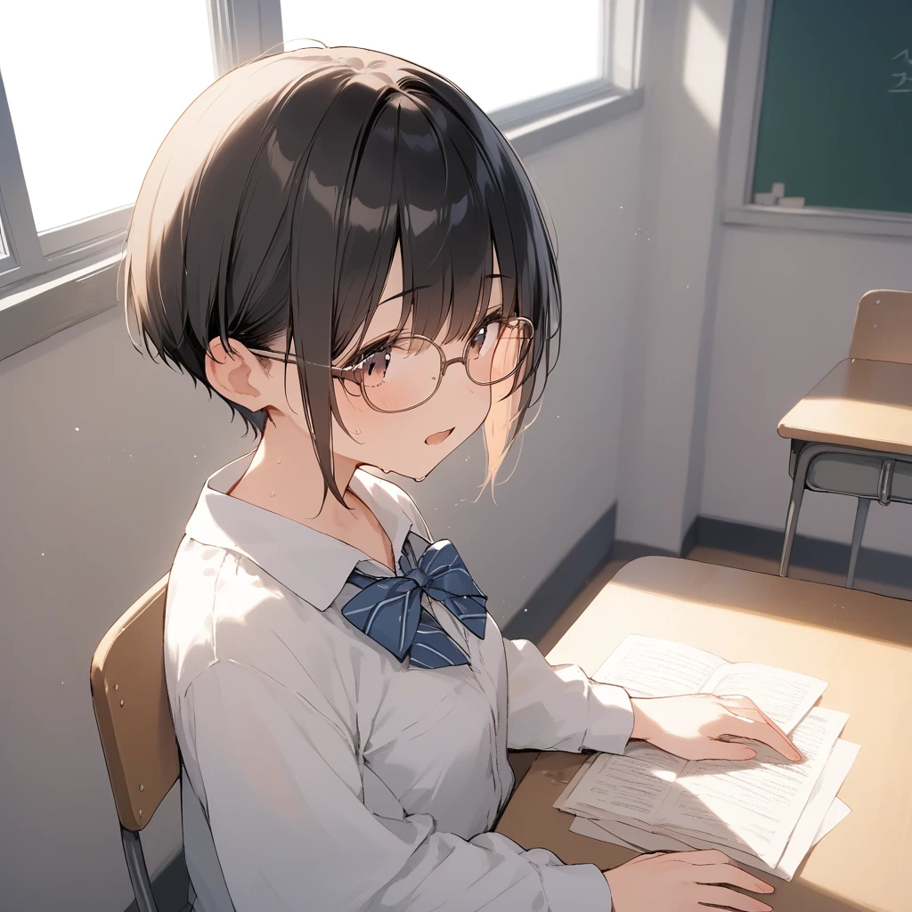 score_9, score_8_up, score_7_up, source_anime, best quality, masterpiece, official art, absurdres, highres, ultra-detailed,waifu2x,Collection: Slice of Life,break,1girl, very short hair,pixie cut, long bangs, glasses, small breasts, sweat, open mouth, (wavy mouth:0.3), indoors, school classroom, summer, break,(clear line illustration:1.2),very high resolution, very aesthetic, super detailed skin, Best sexual lighting powered by famous artist, 8k,cute picture,beauty illustration,photoshop_(medium),,(Detailed Lighting),best anime 8k konachan wallpaper, pixiv contest winner,