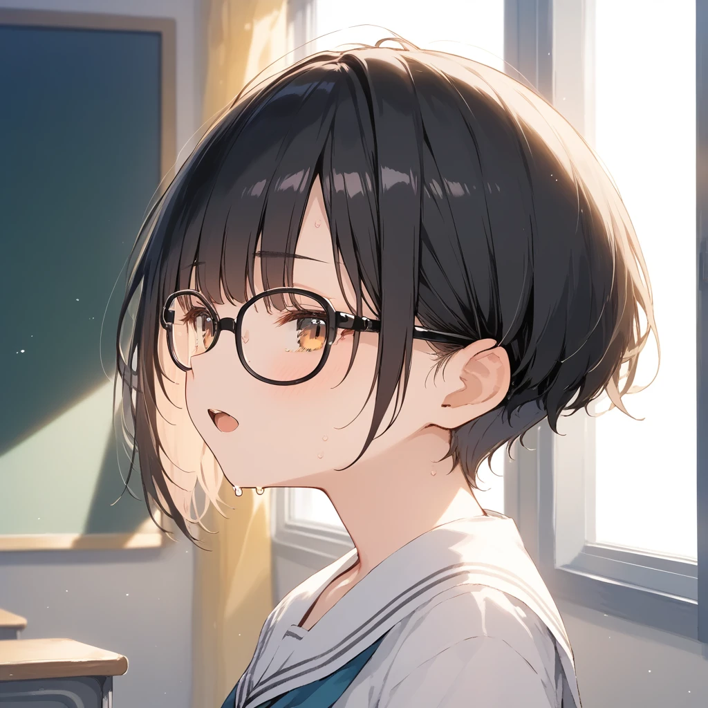 score_9, score_8_up, score_7_up, source_anime, best quality, masterpiece, official art, absurdres, highres, ultra-detailed,waifu2x,Collection: Slice of Life,break,1girl, very short hair,pixie cut, long bangs, glasses, small breasts, sweat, open mouth, (wavy mouth:0.3), indoors, school classroom, summer, break,(clear line illustration:1.2),very high resolution, very aesthetic, super detailed skin, Best sexual lighting powered by famous artist, 8k,cute picture,beauty illustration,photoshop_(medium),,(Detailed Lighting),best anime 8k konachan wallpaper, pixiv contest winner, 