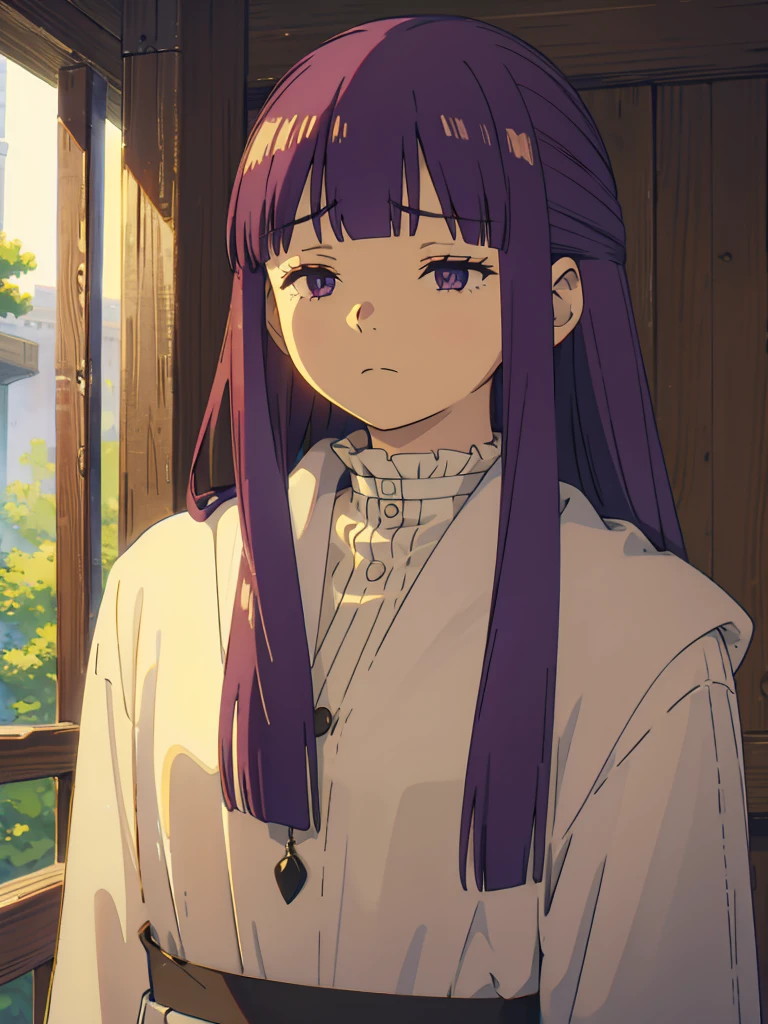 1girl,fern,fern_clothes,glare,upper_body,(looking at viewer:1.1),half-closed eyes,shaded face,angry,closed_mouth,outdoors,despise,