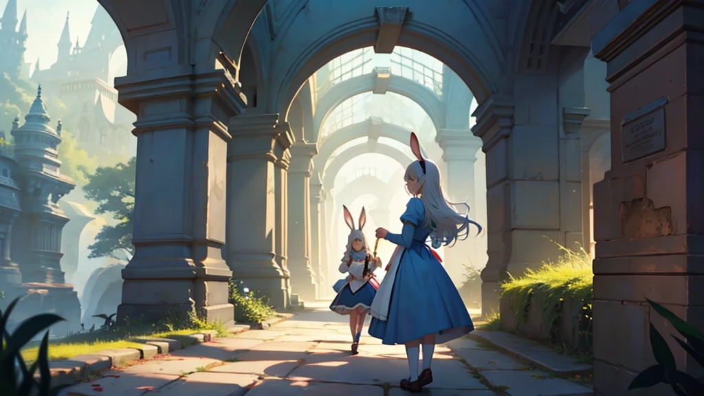 Make a cover for a YouTube video about the book Alice in Wonderland with Alice and the Rabbit