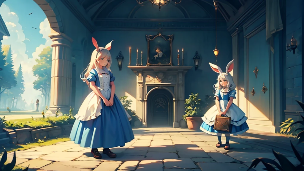 Make a cover for a YouTube video about the book Alice in Wonderland with Alice and the Rabbit